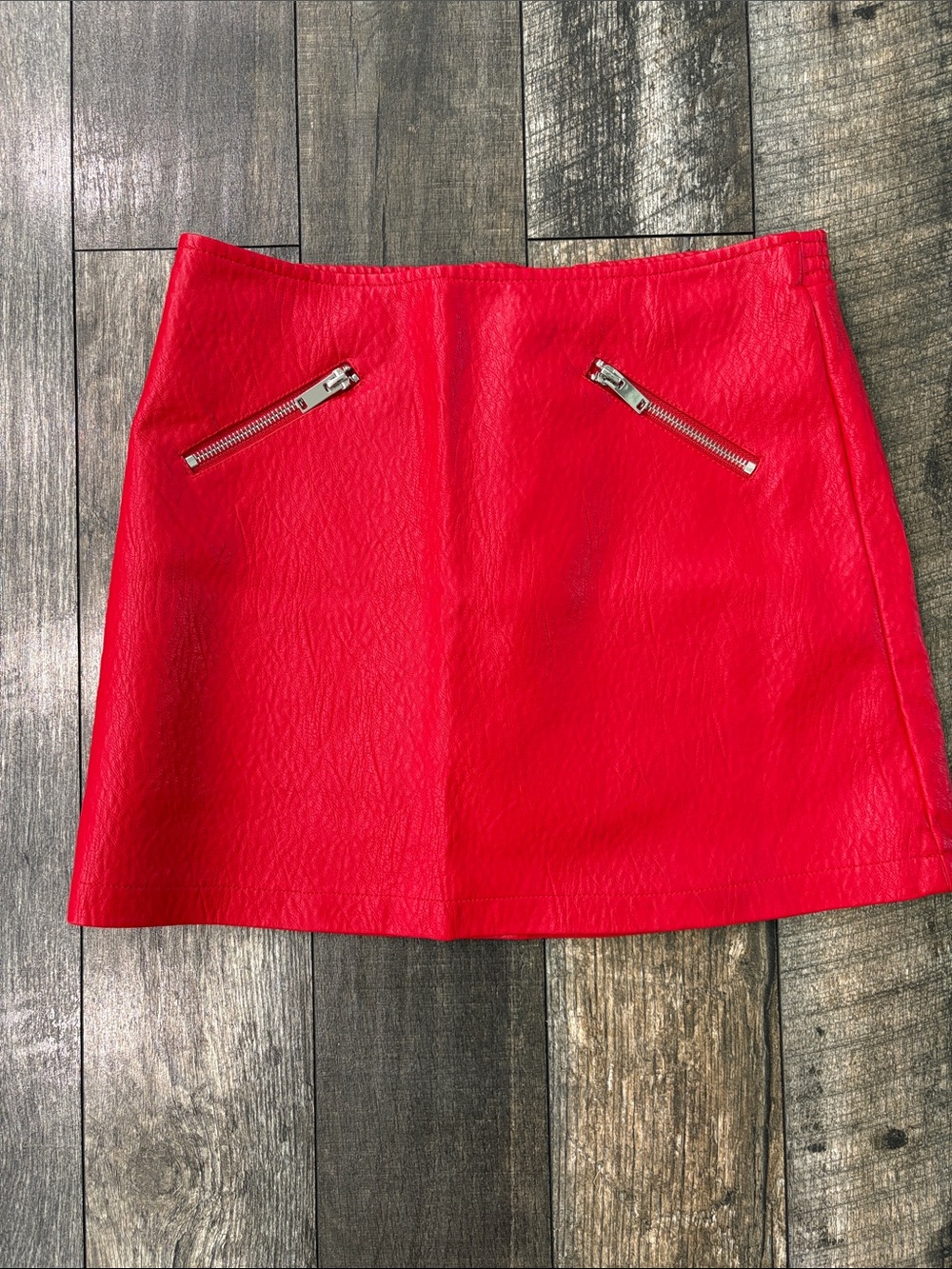 Forever 21 Red Faux Leather Mini Skirt with Silver Zipper Details